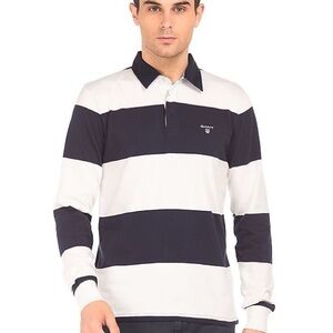 GANT Men's Black and Navy Striped Rugby Polo
